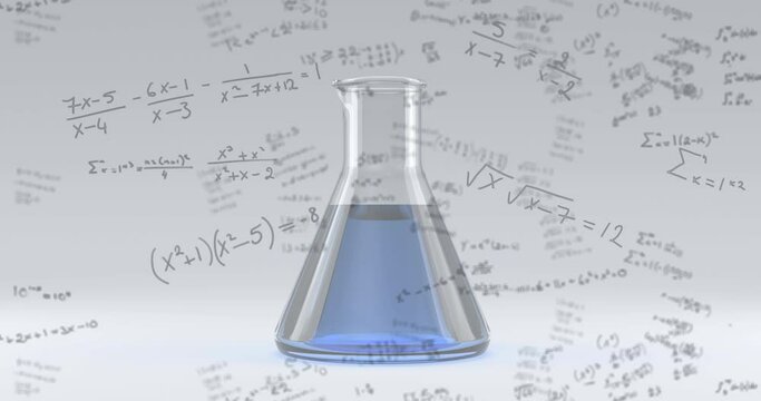 Animation Of Math Equation Handwritten On White Board With Laboratory Glass