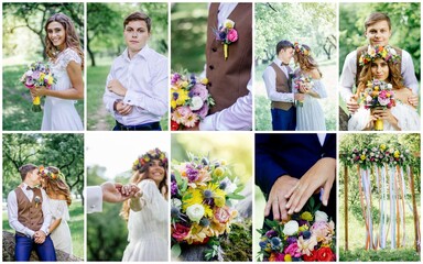 Wedding collage - beautiful marriage outdoors, montage of wedding day.