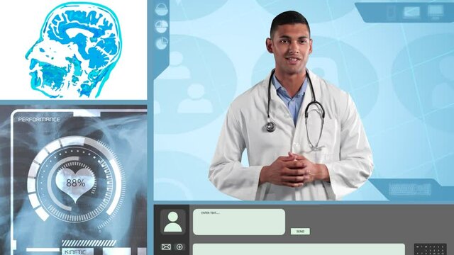 Young mixed race doctor talking in visio
