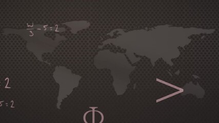 Animation of mathematical formulae floating on black world map background - Powered by Adobe