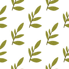 Hand drawn branches with leaves seamless pattern on white background. Decorative ornamental spring endless wallpaper.