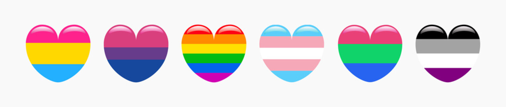 Icon Set of hear shape flags of pansexual, bisexual, gay, transgender, polisexual and asexual. Vector illustration