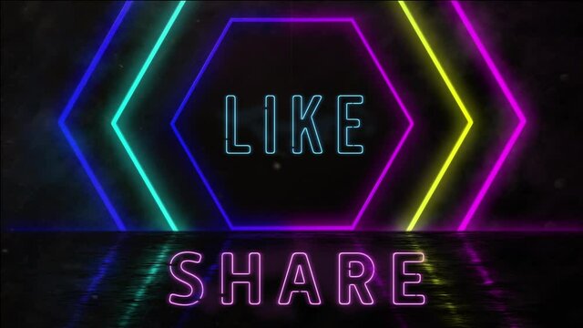 Animation of neon style words Like and Share flickering on black background with flashing colourful 