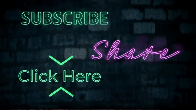 Animation of neon style words Subscribe Share and Click Here flickering on black background - Powered by Adobe