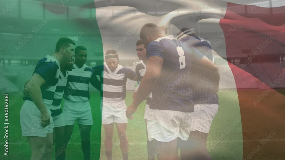 Wall mural Animation of Italian flag waving over multi-ethnic male rugby team standing in a huddle