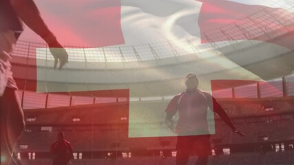 Animation of Swiss flag waving over two multi-ethnic rugby teams playing rugby - Powered by Adobe
