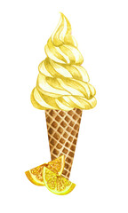 Watercolor lemon ice cream cone. Hand drawn illustration fresh slices of lemons and a yellow ice creams in a waffle cone.