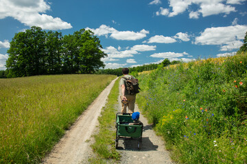 father and son travel with cart on countryside road in Europe