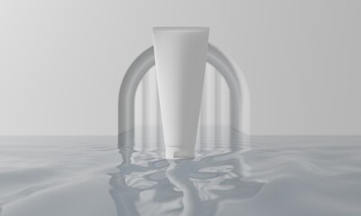 beauty treatment medical skincare cosmetic lotion cream mockup packaging in water wave sea, 3d illustration rendering