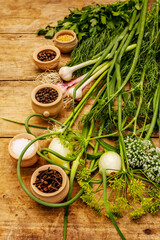 Set of fresh fragrant herbs for pickling. Dry spices, sea salt, ripe young onion and garlic