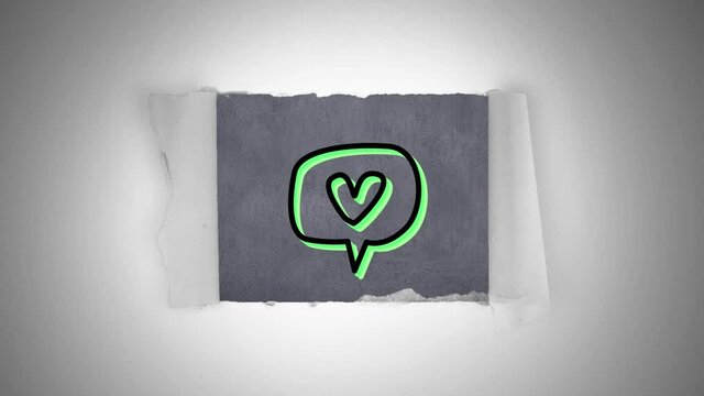 Animation of an icon of  speech bubble with heart on grey sheet of paper on white background