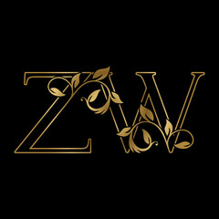 Golden Outline Initial Letter Z and W, Z W Luxury Logo Icon, Vintage Gold Letter Logo