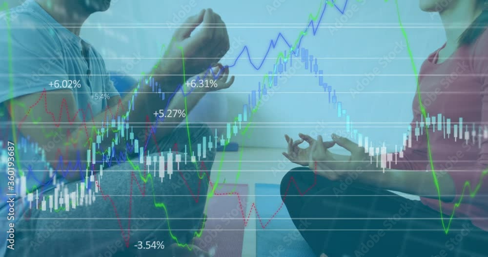 Poster animation of graphs and data over caucasian couple meditating