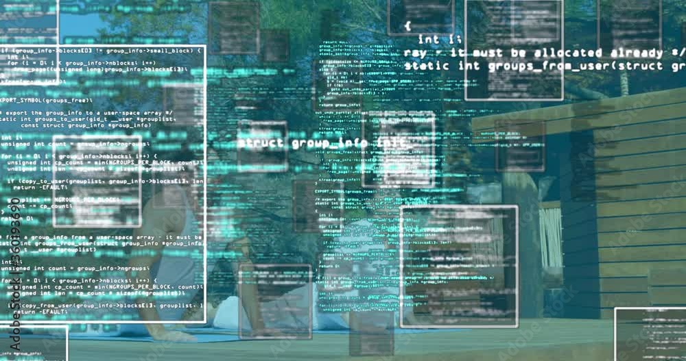 Poster animation of data in frames floating over caucasian couple stretching
