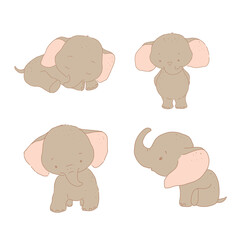 Set of cute elephant. Hand drawn vector illustration.