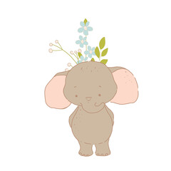 Cute elephant with flowers. Hand drawn vector illustration.