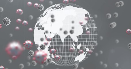Animation of macro Covid-19 cells floating on grey background with a globe model - Powered by Adobe