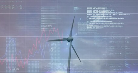 Animation of wind turbine turning, data processing and stock exchange graph - Powered by Adobe