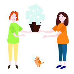 Two women are holding a pot of plants. The cat is watching. Vector illustration.