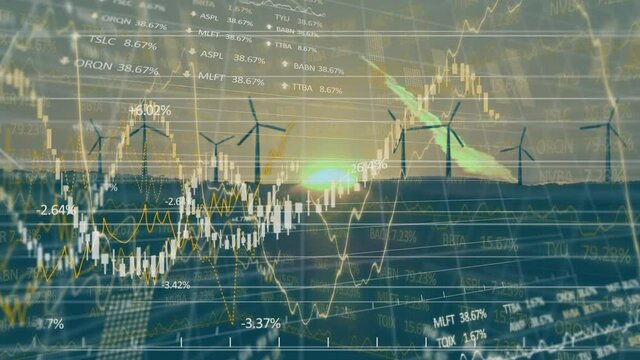 Animation of wind turbines moving at sunset and stock exchange graph increasing and decreasing
