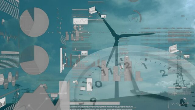 Animation of wind turbine turning, clock moving and stock exchange graph 
