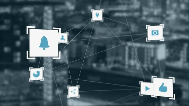 Animation of a web of connections with white social icons over a cityscape