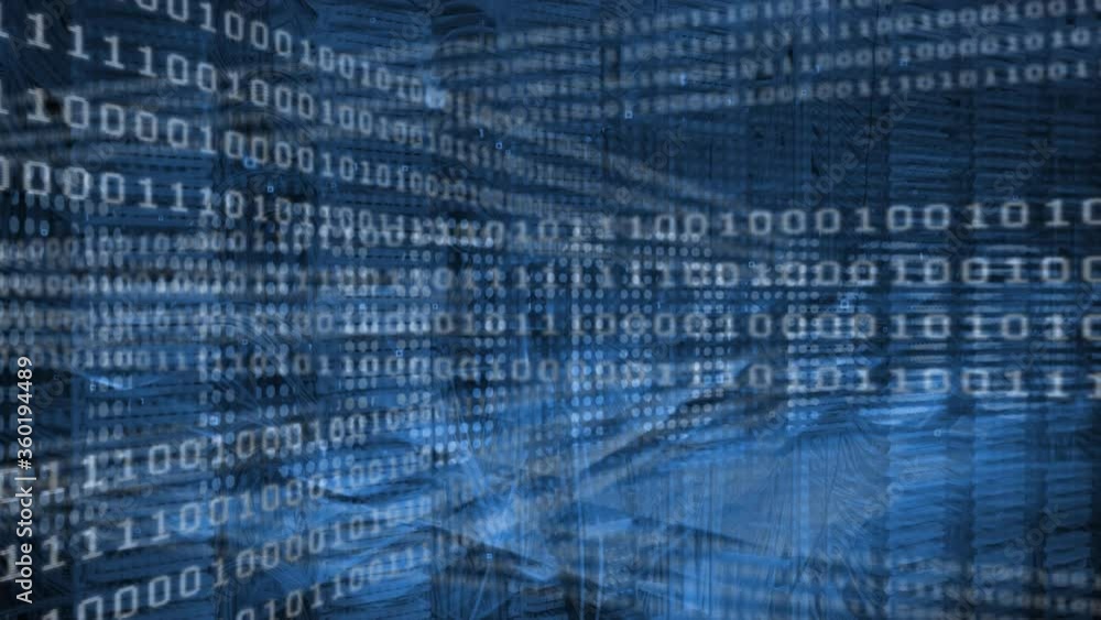 Poster animation of glowing binary coding and information overlapping and scrolling on computer screen