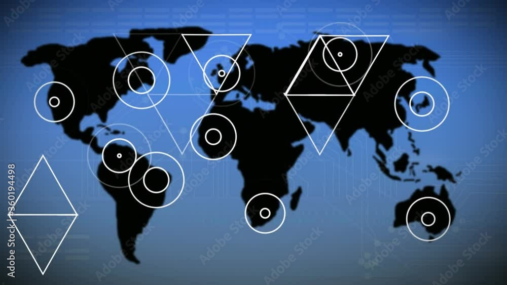 Poster animation of a triangular network of connections with circulat communication centres on a world map