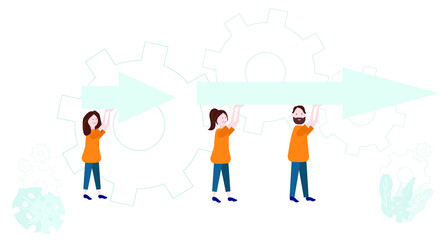 Teamwork. People carry arrows, pointers. Vector illustration.