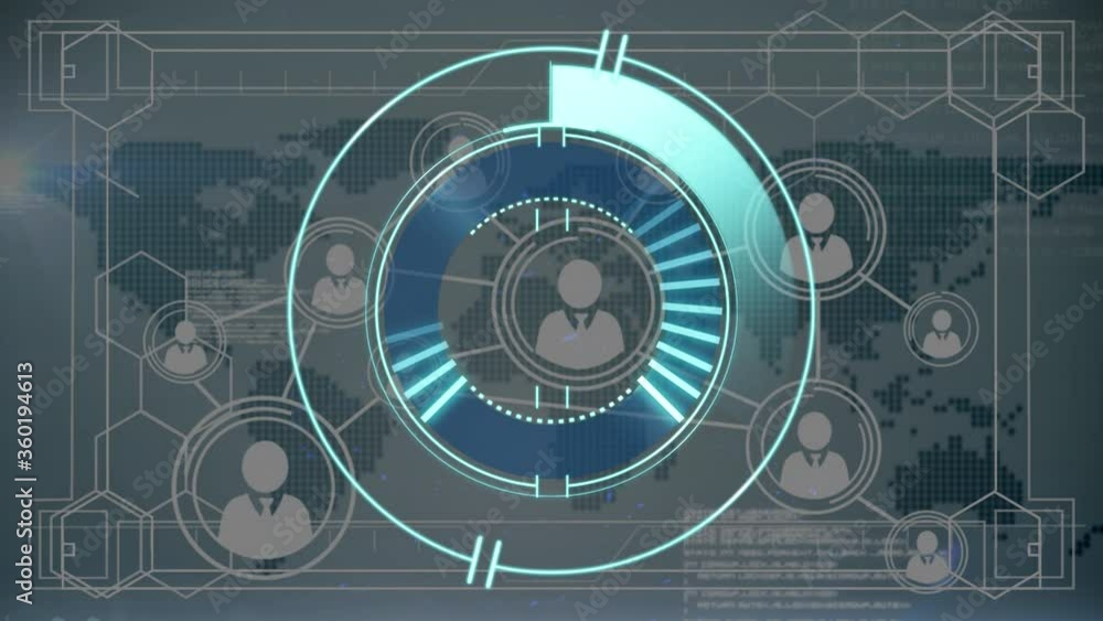 Poster animation of network of connections of people icons and scope scanning over world map