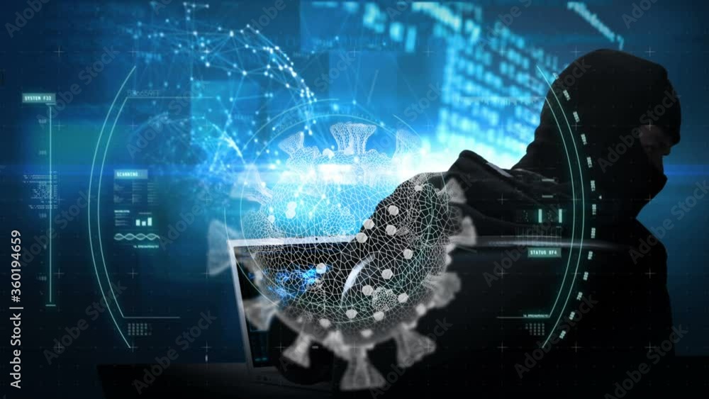 Poster animation of a hacker hooded man over a white cell spinning and a board with information