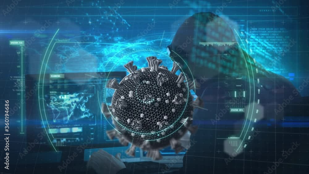 Poster animation of a hacker hooded man over a macro coronavirus covid-19 cell floating