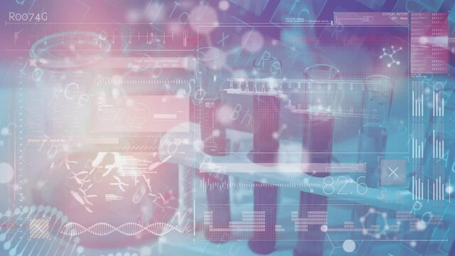 Animation of DNA strand moving with scientific data processing,molecules floating on blue background