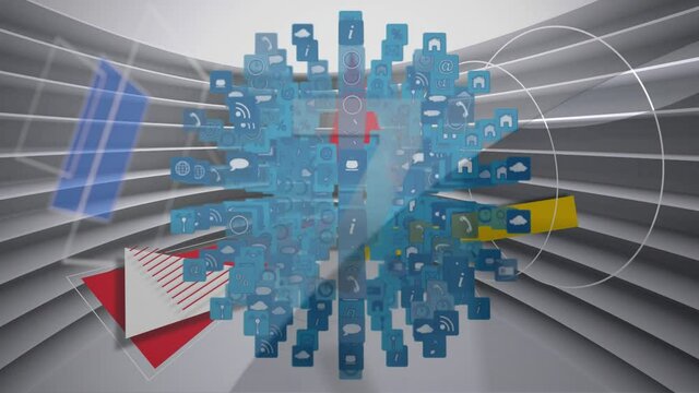 Animation of countdown from ten to five over network of connections forming a globe and flowing stri