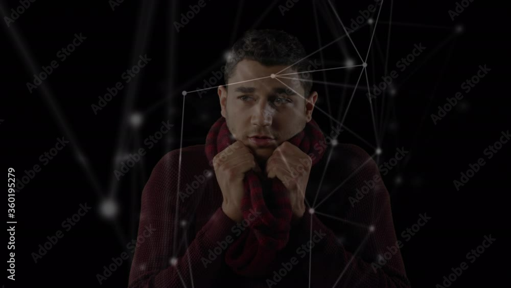 Poster animation of a mixed race man wearing a scarf with white connection icons floating in foreground