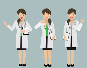 Fototapeta premium Beautiful young female doctor wearing gown uniform with stethoscope in 3 different manners. Isolated on white background. Vector Illustration. Idea for healthcare and medical business.