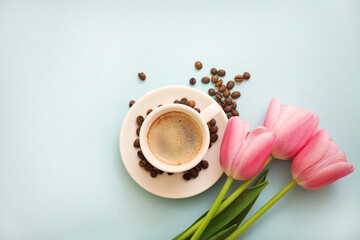 Cup of coffee on blue background
