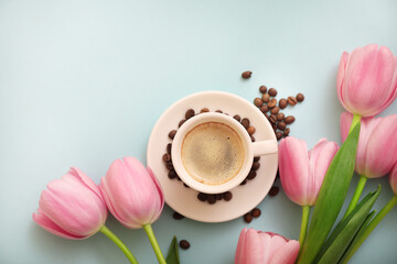 Cup of coffee on blue background