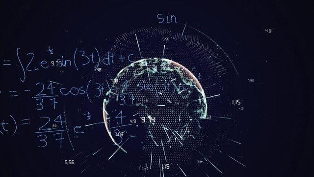 Animation of mathematical formulae and data processing and information flowing on blue background