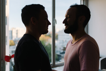 Gay couple laughing at home.