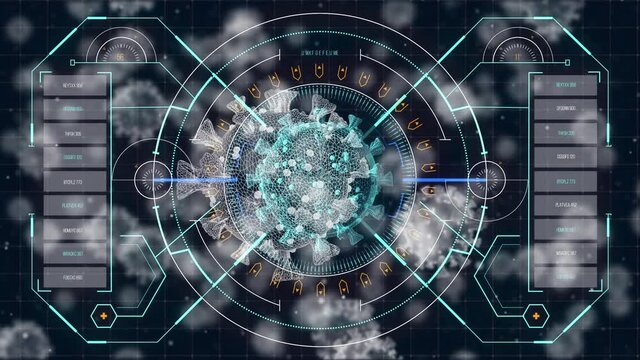 Animation of scope scannin macro Covid-19 cells floating on black background