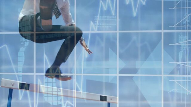Animation of a grid with arrows and statistics over African American man wearing a suit jumping over