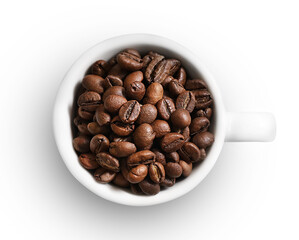 Cup of coffee beans isolated on white background