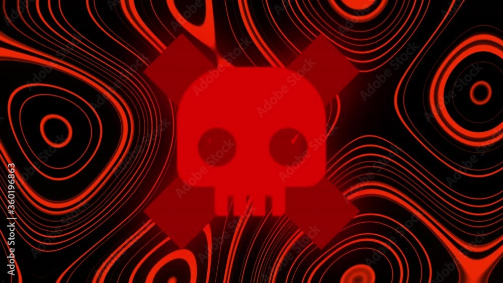 Poster animation of a red skull with a red cross over red, lava background