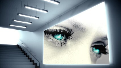 Animation of a staircase with a big screen showing blue eyes of a Caucasian woman - Powered by Adobe