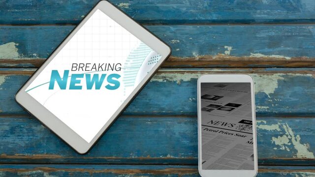 Animation of a digital tablet with words Breaking news and a smartphone 