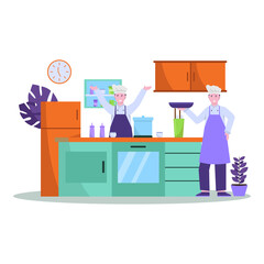 Flat vector illustration of chef prepares food well for shoppers in restaurants