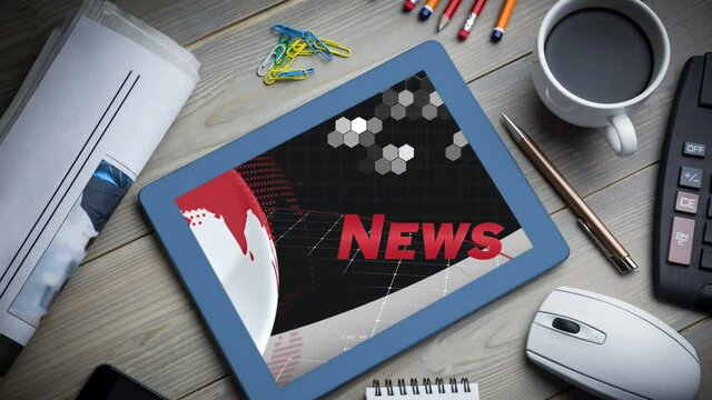 Animation of a digital tablet showing a globe and words Breaking News on the screen