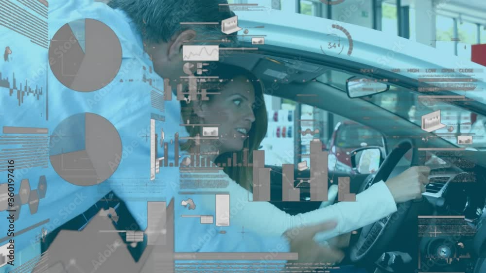 Poster animation of statistics with data processing over senior caucasian man showing a car to a caucasian