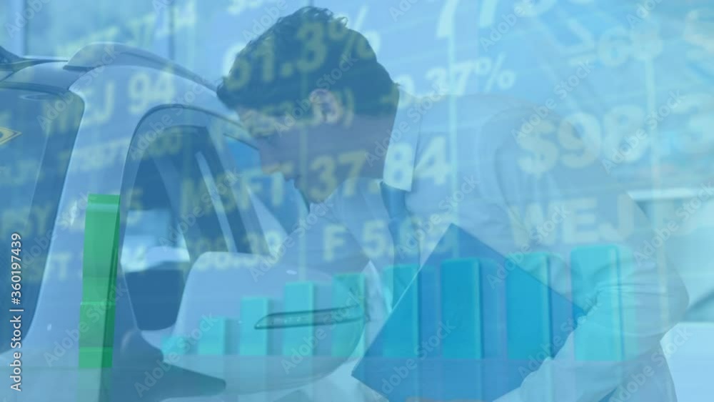 Poster animation of statistics with data processing and american dollar sign over caucasian man looking int